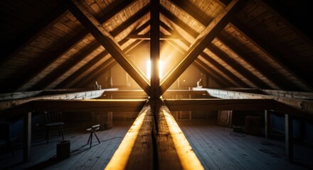 Sunlight streams into attic with exposed wooden beams and aged floorboards
