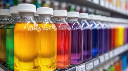 Colorful bottles filled with liquids arranged on shelves.