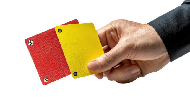 Businessman holding a blank yellow and red  business card in his hand, ready to give it to a woman.
