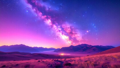 紫色の空に現れた神秘的な天の川(16:9横長バナー)  milky way