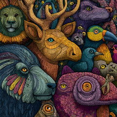 Abstract Textured Illustration of a Diverse Group of Animals, Featuring a Lion, Deer, and Exotic Birds, Symbolizing Wildlife, Biodiversity, and the Richness of the Natural World.