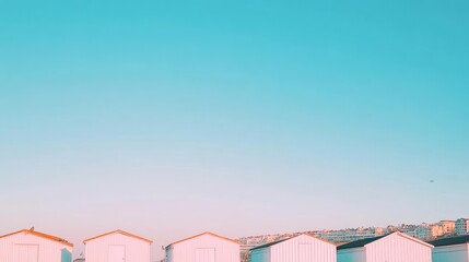 Naklejka premium Pastel dreamscape: Row of beach huts under a tranquil turquoise sky evokes serenity