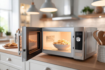 Popcorn is cooking in a microwave in a bright modern kitchen setting during the day