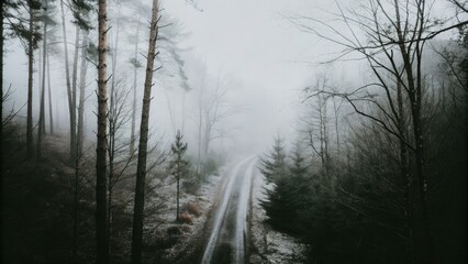 A misty road between birch and pine trees.