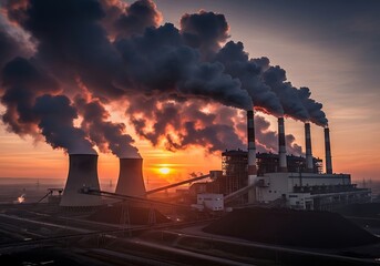 Coal Power Plant at Sunset with Heavy Smoke Emission, Industrial Landscape