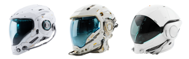 Futuristic high tech VR helmets with immersive digital interface designs isolated on a white or transparent background