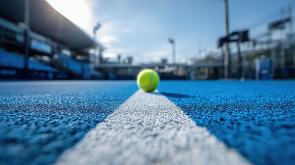 Yellow tennis ball on a blue court line in a stadium setting.