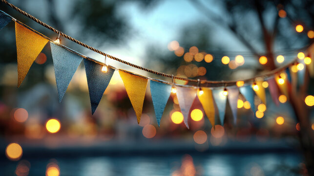 Colorful bunting garland with string lights glowing in a blurred evening background.
