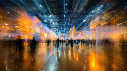 Busy urban exhibition hall with blurred motion of walking people.