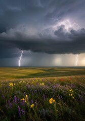 Dramatic Lightning Storm over Rolling Hills with Wildflowers in Foreground