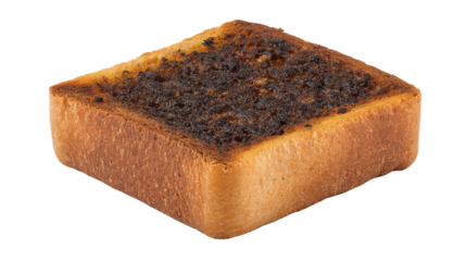 Burnt toast isolated on transparent background with crispy texture and darkened surface