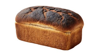 Burnt loaf of bread isolated on transparent background with dark crispy crust and soft texture