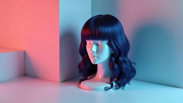 Glueless Wig. Woman mannequin head with long black wavy hair in neon s
