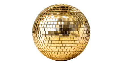 Golden disco ball isolated on transparent background shining with reflective surface