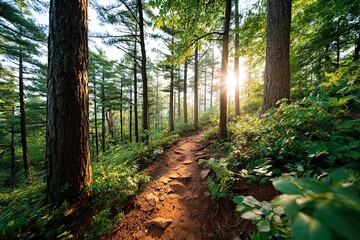 Obraz premium Warm sunlight filters through trees along a winding forest trail at golden hour