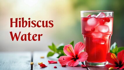 Hibiscus Water. Refreshing red hibiscus flower drink with ice, summer 
