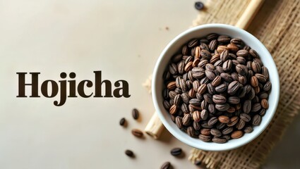 Hojicha Latte. Hojicha roasted coffee beans white bowl close-up top vi