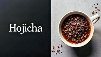 Hojicha Latte. Close-up white cup brewed hojicha tea beans dark backgr