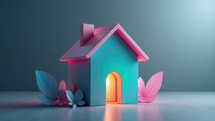 Home Equity Loan. Pink blue miniature house glowing entrance surrounde