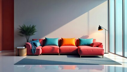 Homeroots. Modern colorful sofa with cushions in bright living room in