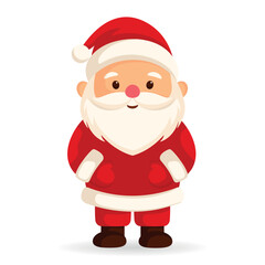 A cute Christmas Santa Claus stands at full height, hands on his waist. A vector illustration for a holiday, a card, a New Year's banner.