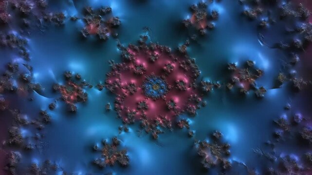 Vibrant fractal pattern with pink and blue hues on a dark background