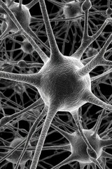 Detailed grayscale microscopic view of a neuron and its complex network of connections