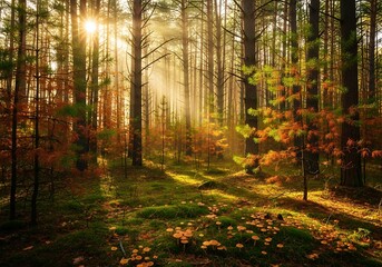 Obraz premium Sunlit Forest Floor with Mushrooms and Trees
