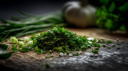 Close-up of chopped fresh herbs on a wooden surface.