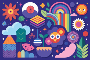 Fototapeta premium Colorful and playful abstract graphic design with flowers trees rainbows and decorative elements on a dark blue background