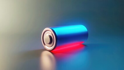 Lfp Battery. Blue cylindrical battery on reflective surface emitting r