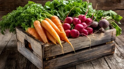 Freshly harvested vegetables in a wooden crate.