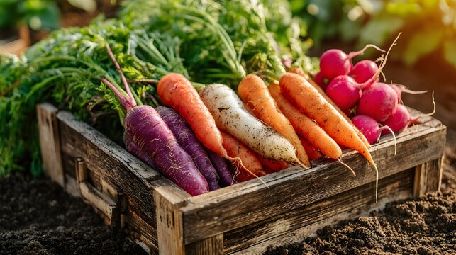 Assorted root vegetables in a wooden crate.