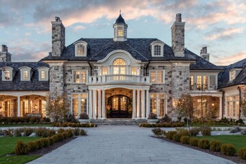 Obraz premium Grand stone mansion facade at dusk