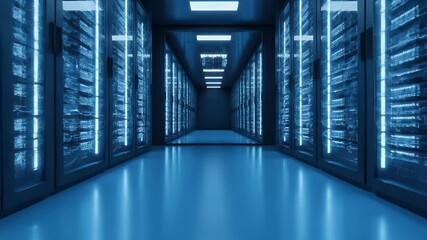 Flying through glowing blue futuristic data center hallway with network servers - Powered by Adobe