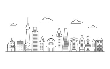 Obraz premium Monochrome Cityscape Outline with Towering Structures and Fluffy Clouds Minimalist Line Drawing of a Modern Metropolis Urban Skyline