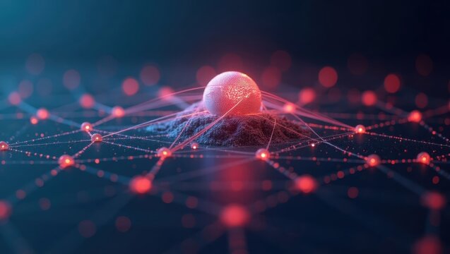 Mesh Networking. Digital red network sphere glowing with connected nod