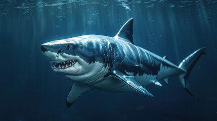 Fototapeta premium Majestic great white shark swimming in deep blue ocean water with sunlight rays