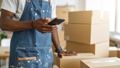 Artisan Entrepreneur in Denim Apron Managing Online Orders on a Smartphone