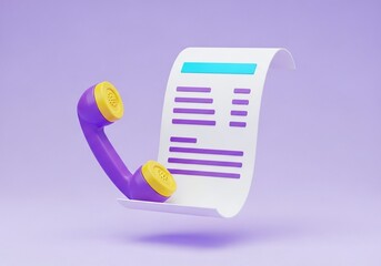 Retro purple telephone handset connected to a floating bill or invoice symbolizing communication about finances or customer service inquiries