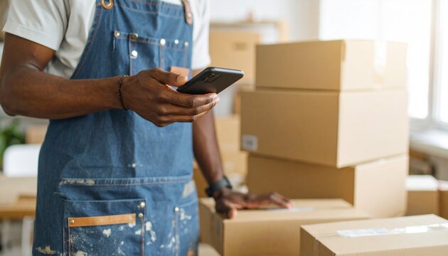 Artisan Entrepreneur in Denim Apron Managing Online Orders on a Smartphone - Powered by Adobe