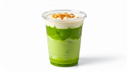 Vibrant Iced Matcha Latte with Creamy Cheese Foam and Crunchy Topping