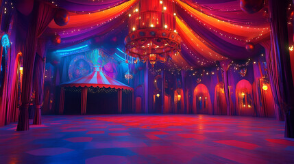 Enchanting ballroom adorned with vibrant drapes, a grand chandelier, and festive lights, perfect for a magical celebration or theatrical event, creating an immersive atmosphere
