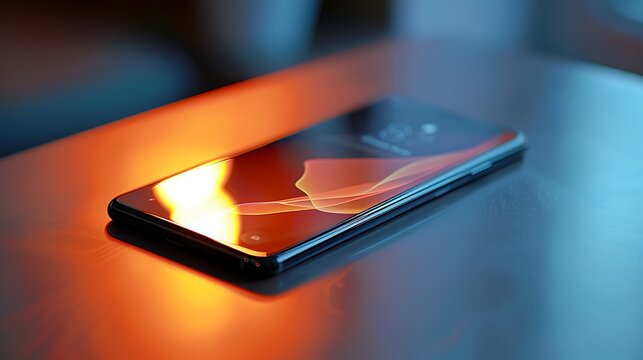 Laying Phone with Abstract Wallpaper on Glossy Surface with Glowing Orange and Blue Lights.