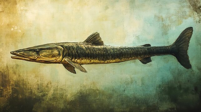 Gar on a minimalistic background elongated ancient form rugged scale texture soft natural light muted greens and browns evokes aquatic mystery