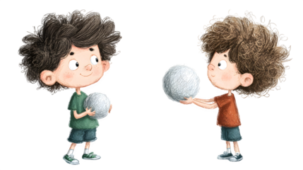 Two doodle kids, one holding a doodle ball from a front view, and another ready to catch it from a side view, isolated on a Transparent Background