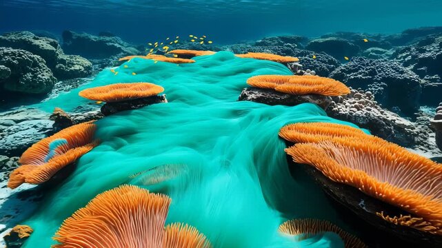 Vibrant Coral Surge with Turquoise Aquatic Flow Over Rocky Seabed in Fiji