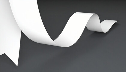 White ribbon curl on dark background, smooth flowing paper strip with soft shadows, elegant minimalist design with gentle curves and clean texture