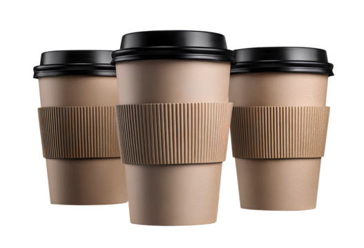 Set of paper coffee cups with a brown sleeve and black lid, on a Transparent background PNG 