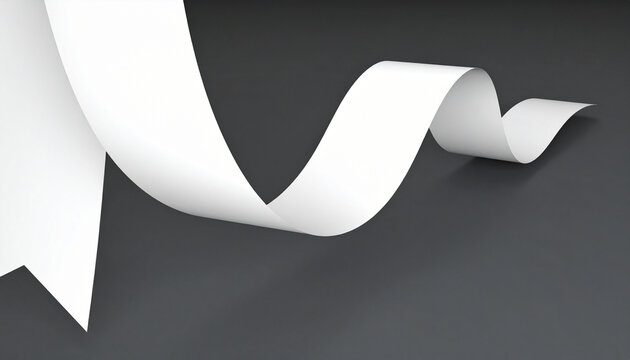 White ribbon curl on dark background, smooth flowing paper strip with soft shadows, elegant minimalist design with gentle curves and clean texture